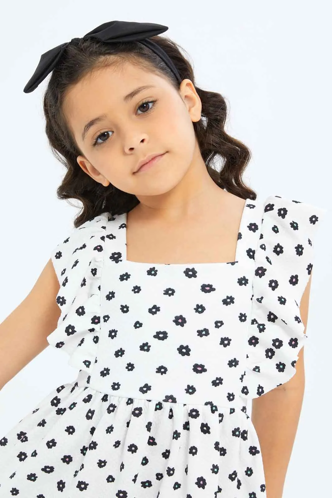 Girls Ruffle Floral Black And White Dress