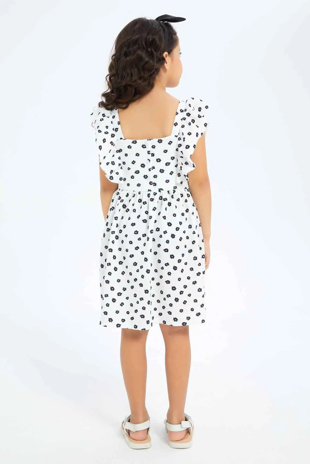 Girls Ruffle Floral Black And White Dress
