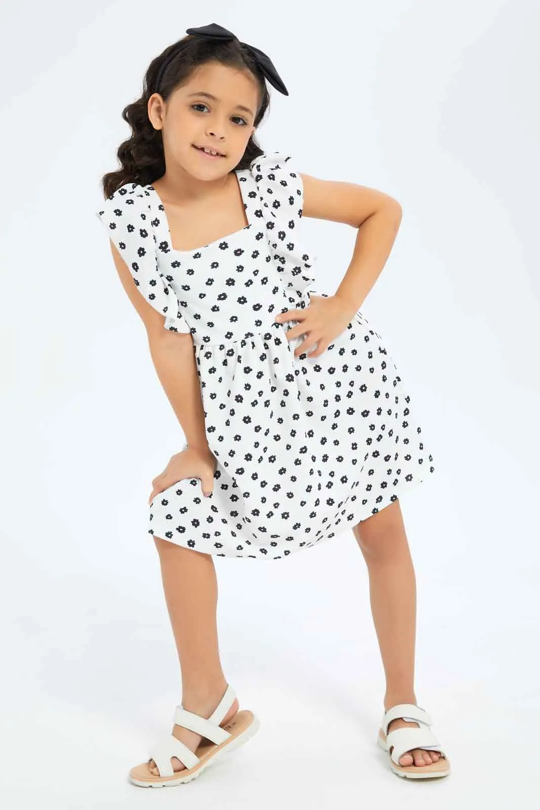 Girls Ruffle Floral Black And White Dress
