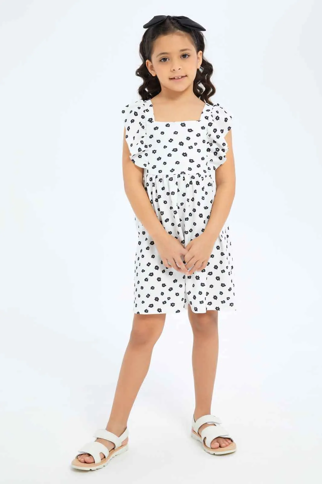Girls Ruffle Floral Black And White Dress