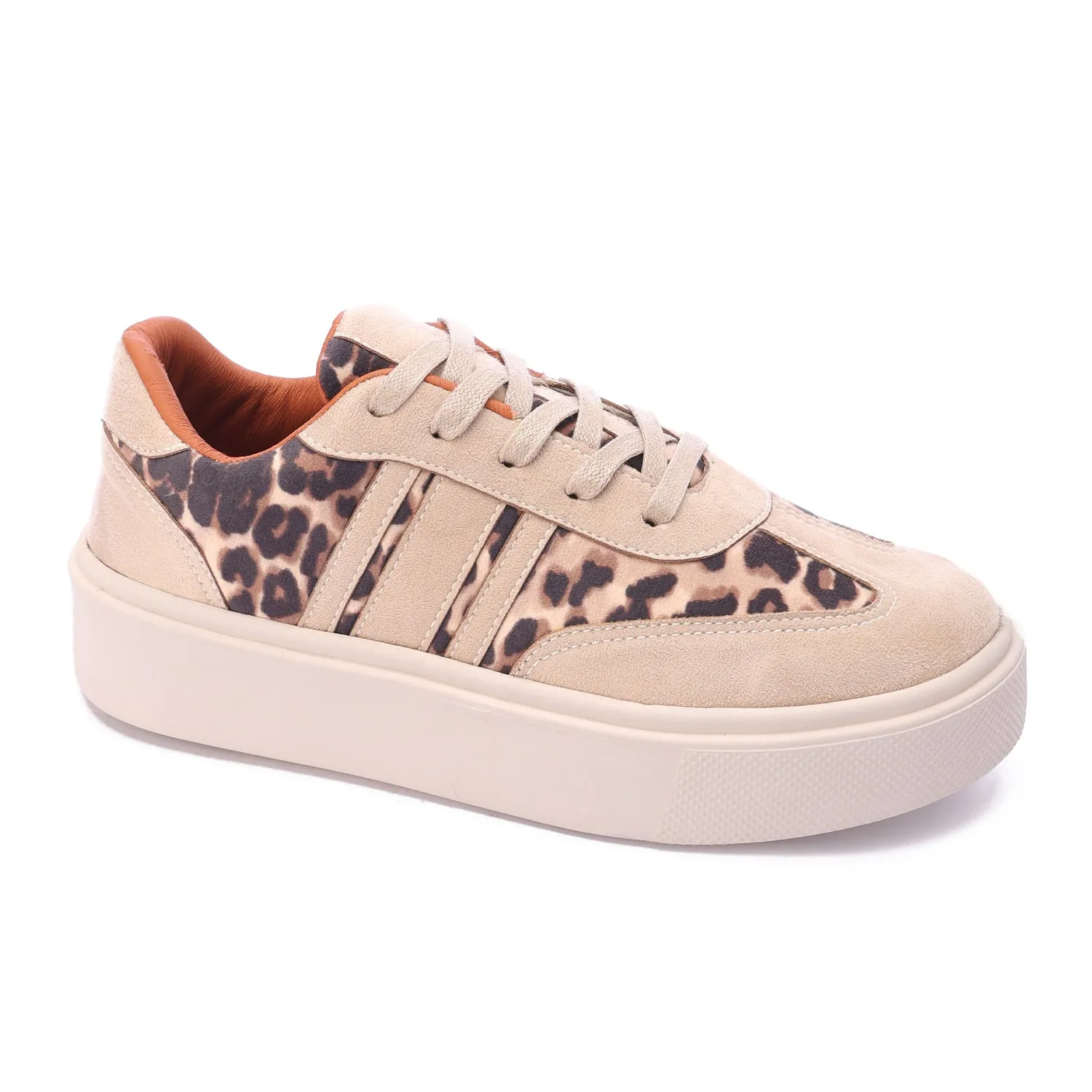 Lace-Up Leopard Suede Sneaker-Beige