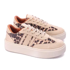 Lace-Up Leopard Suede Sneaker-Beige