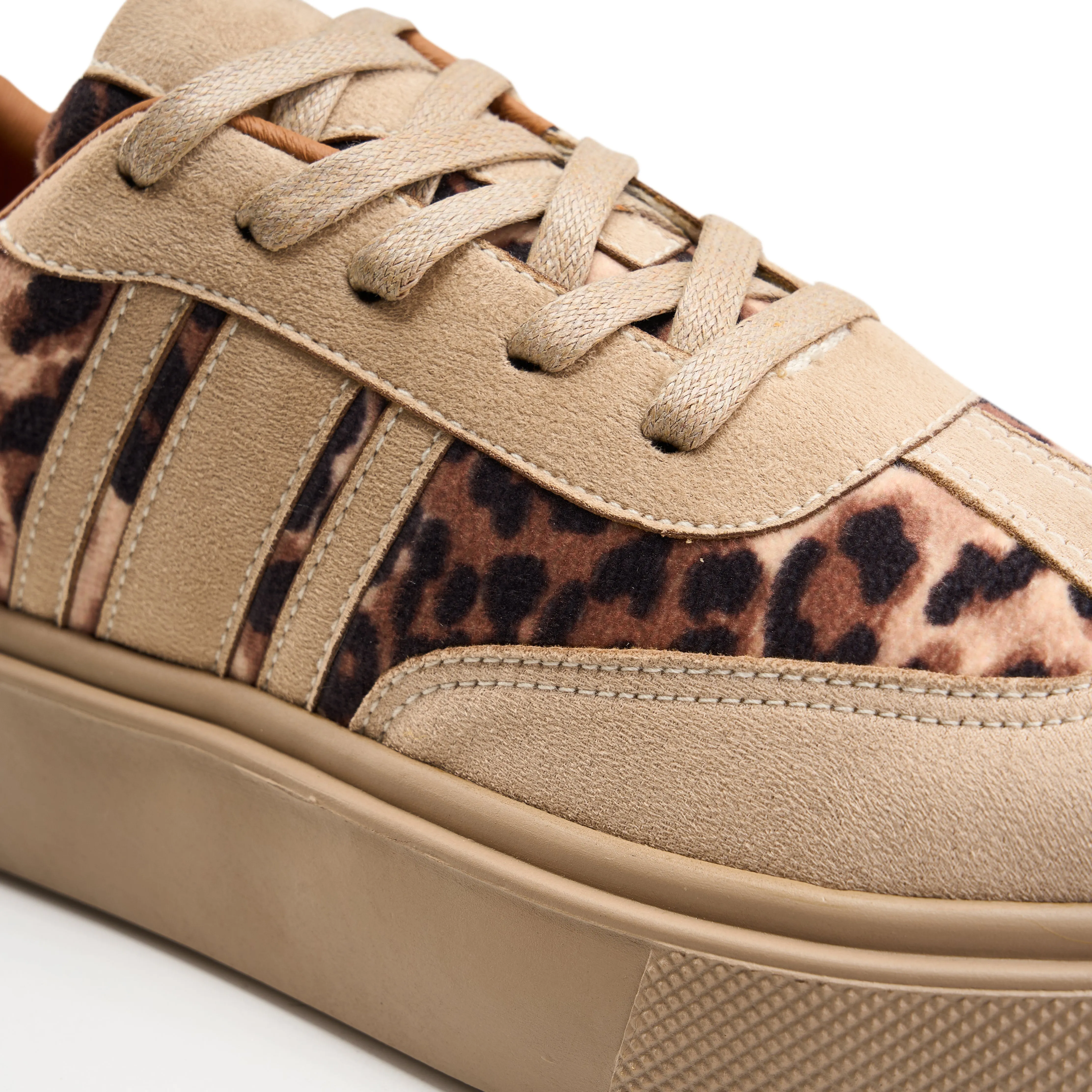 Lace-Up Leopard Suede Sneaker-Beige