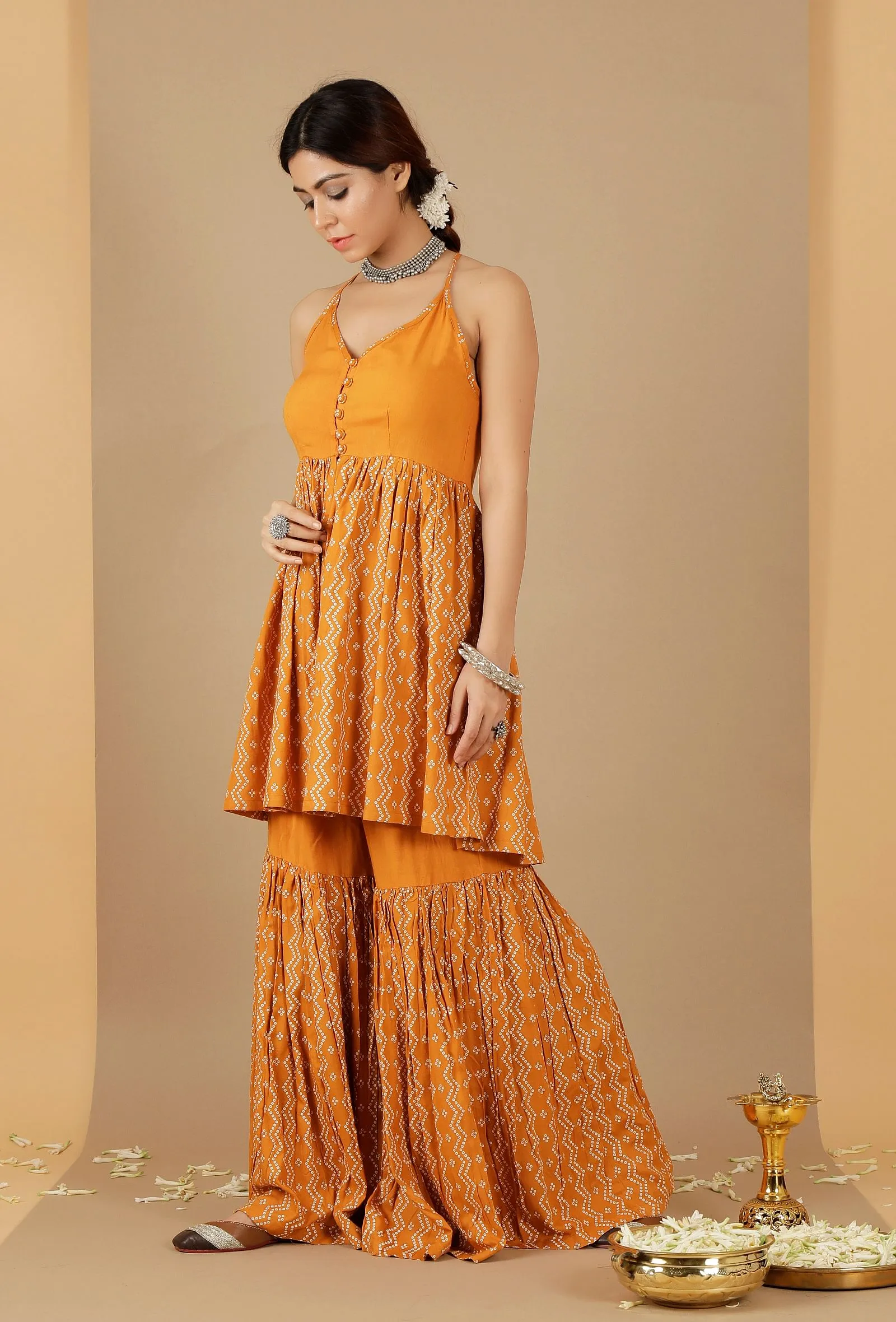 Mustard Bandhani Rayon Slip Kurta