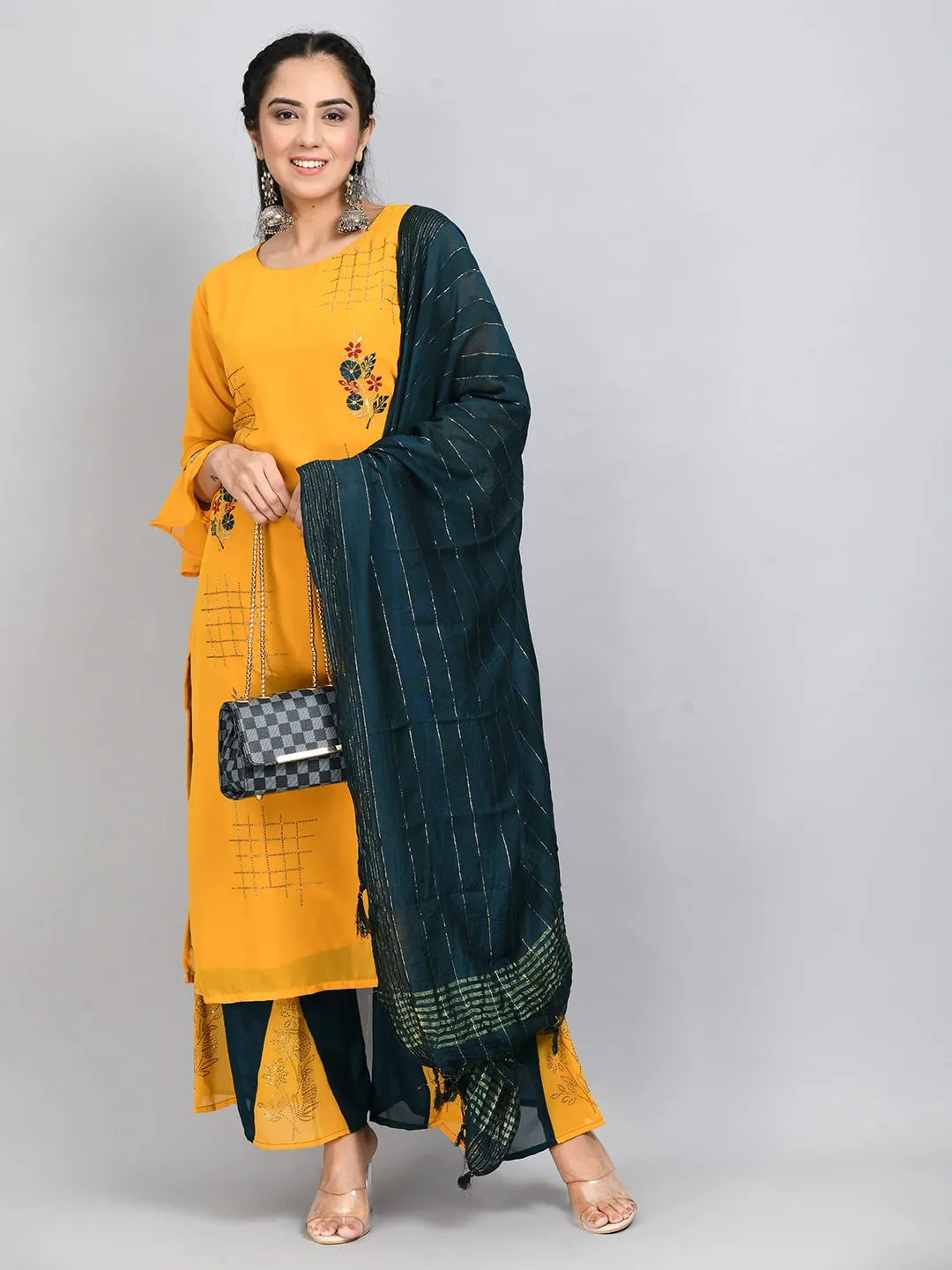 Plus Size Women Yellow Georgette Cross Stones and embroidery Kurta Palazzo Set