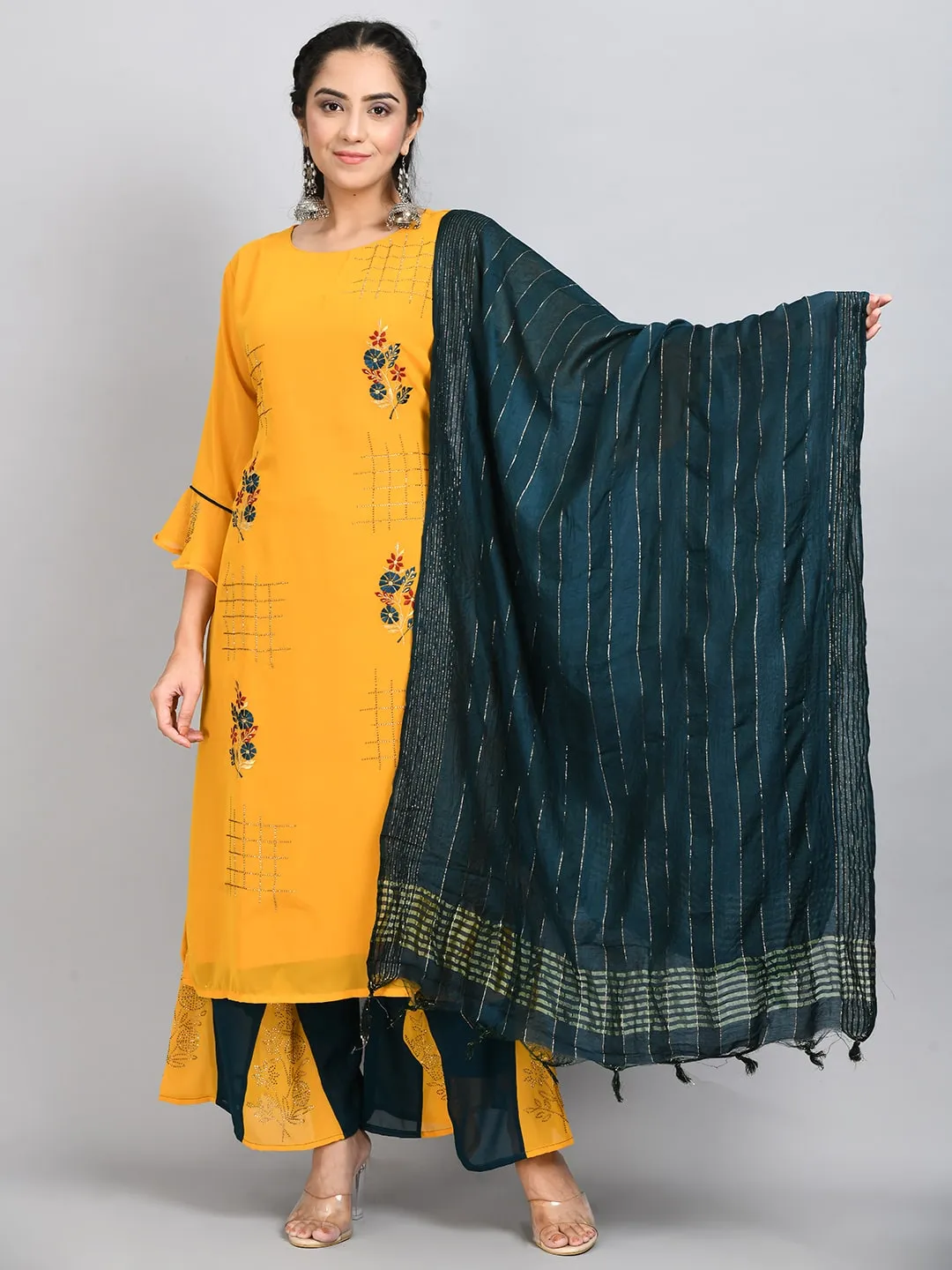 Plus Size Women Yellow Georgette Cross Stones and embroidery Kurta Palazzo Set