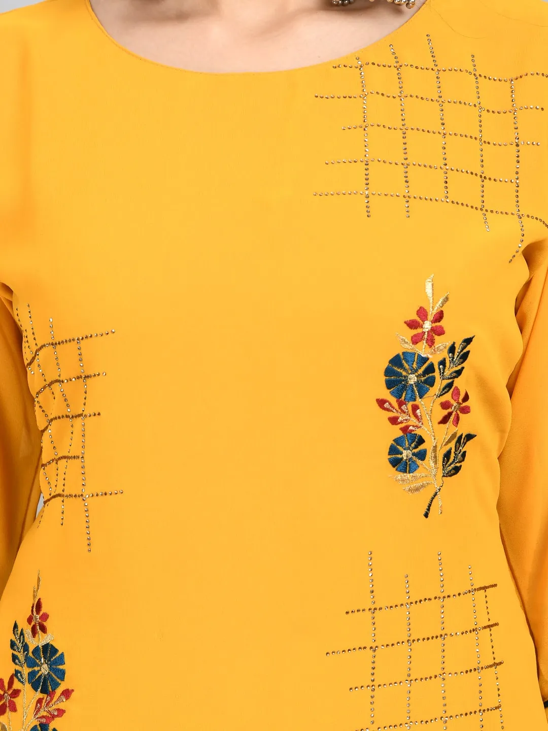 Plus Size Women Yellow Georgette Cross Stones and embroidery Kurta Palazzo Set