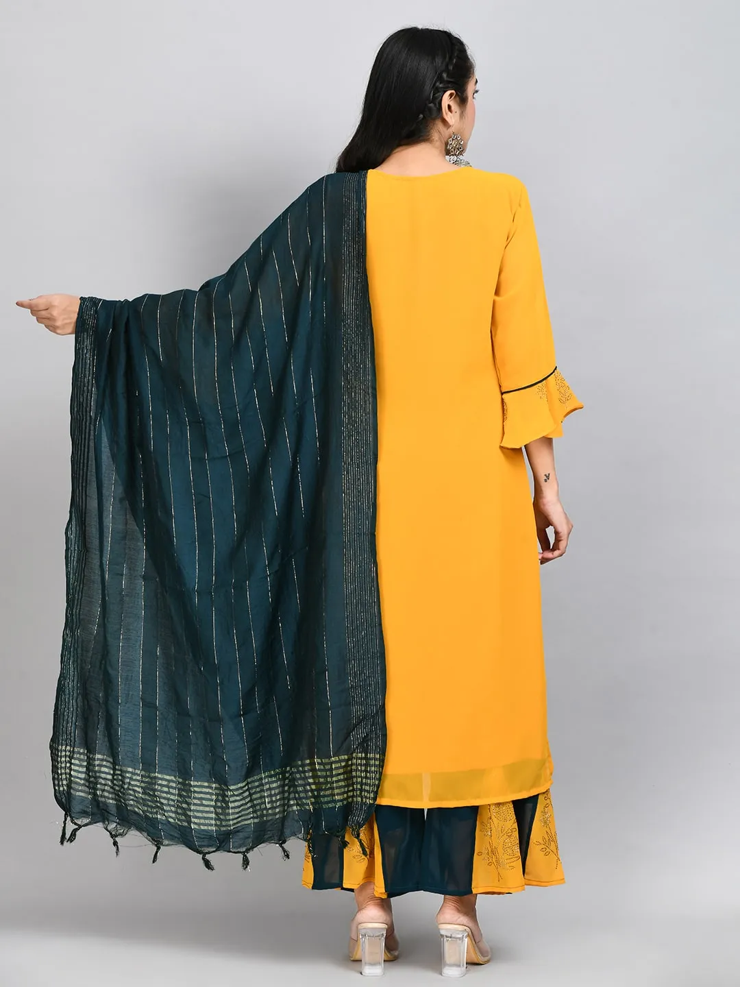 Plus Size Women Yellow Georgette Cross Stones and embroidery Kurta Palazzo Set