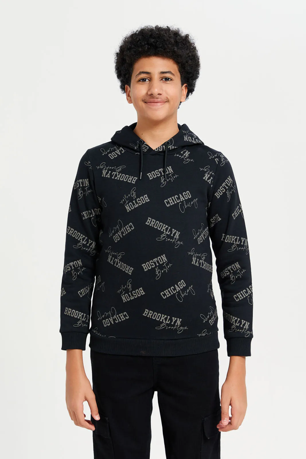 Senior Boys Black Print Hooded Sweatshirt