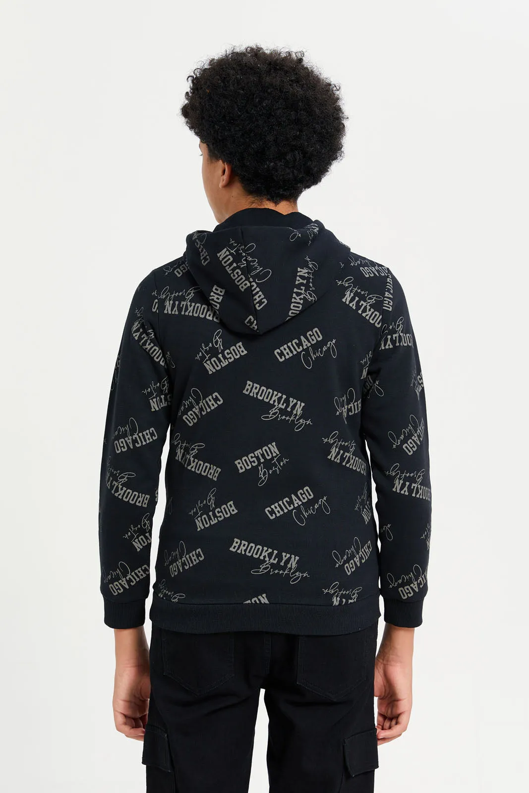 Senior Boys Black Print Hooded Sweatshirt