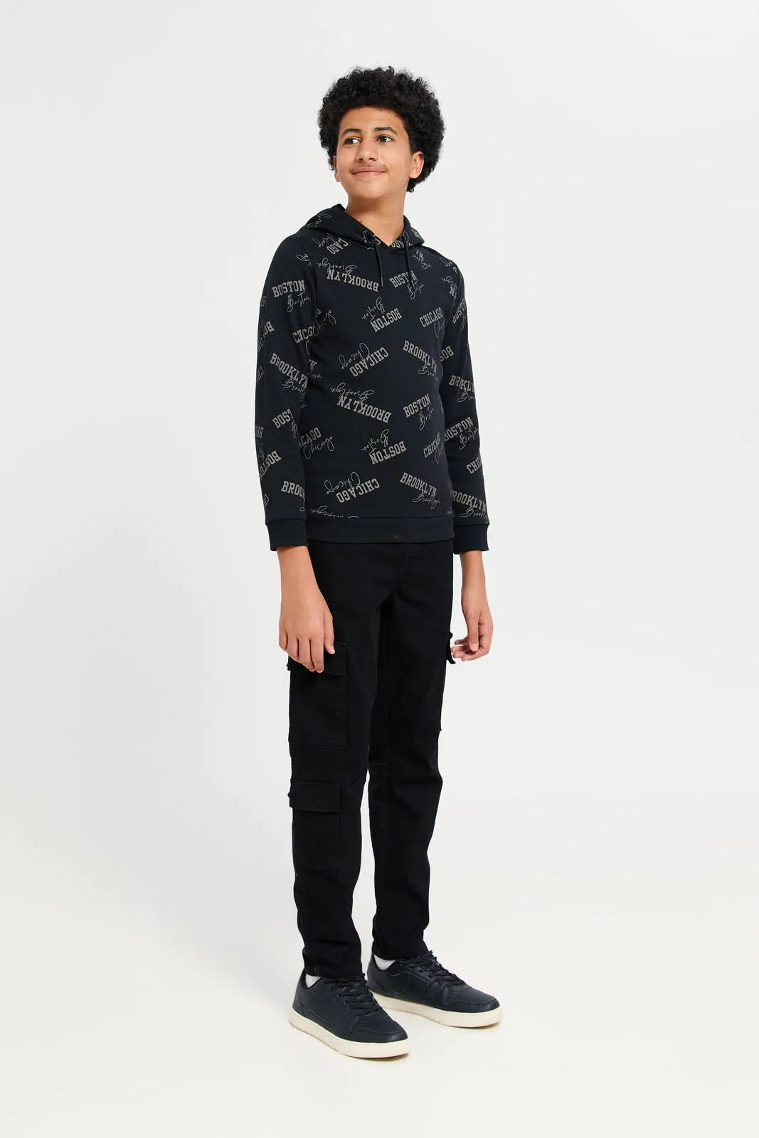Senior Boys Black Print Hooded Sweatshirt