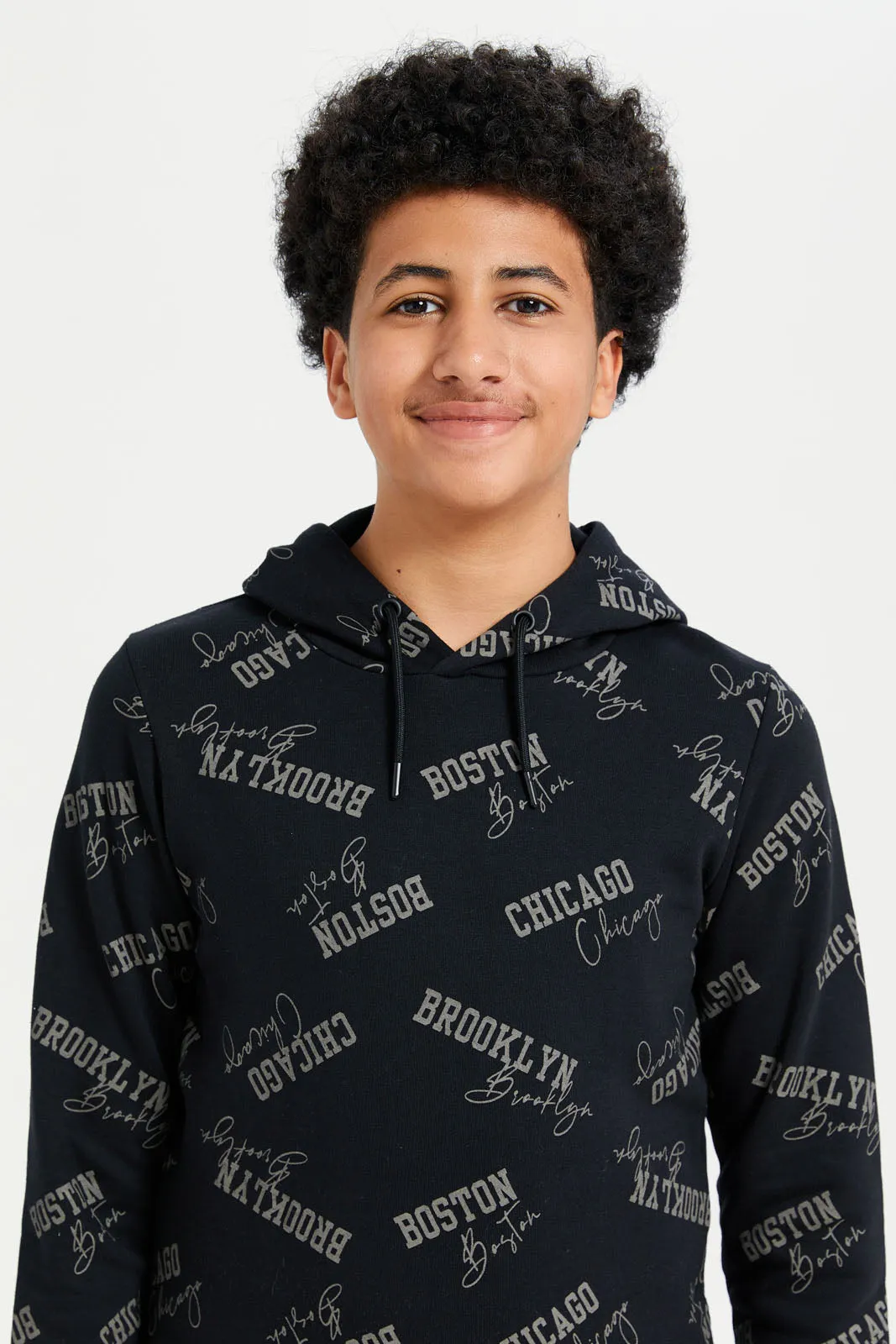 Senior Boys Black Print Hooded Sweatshirt