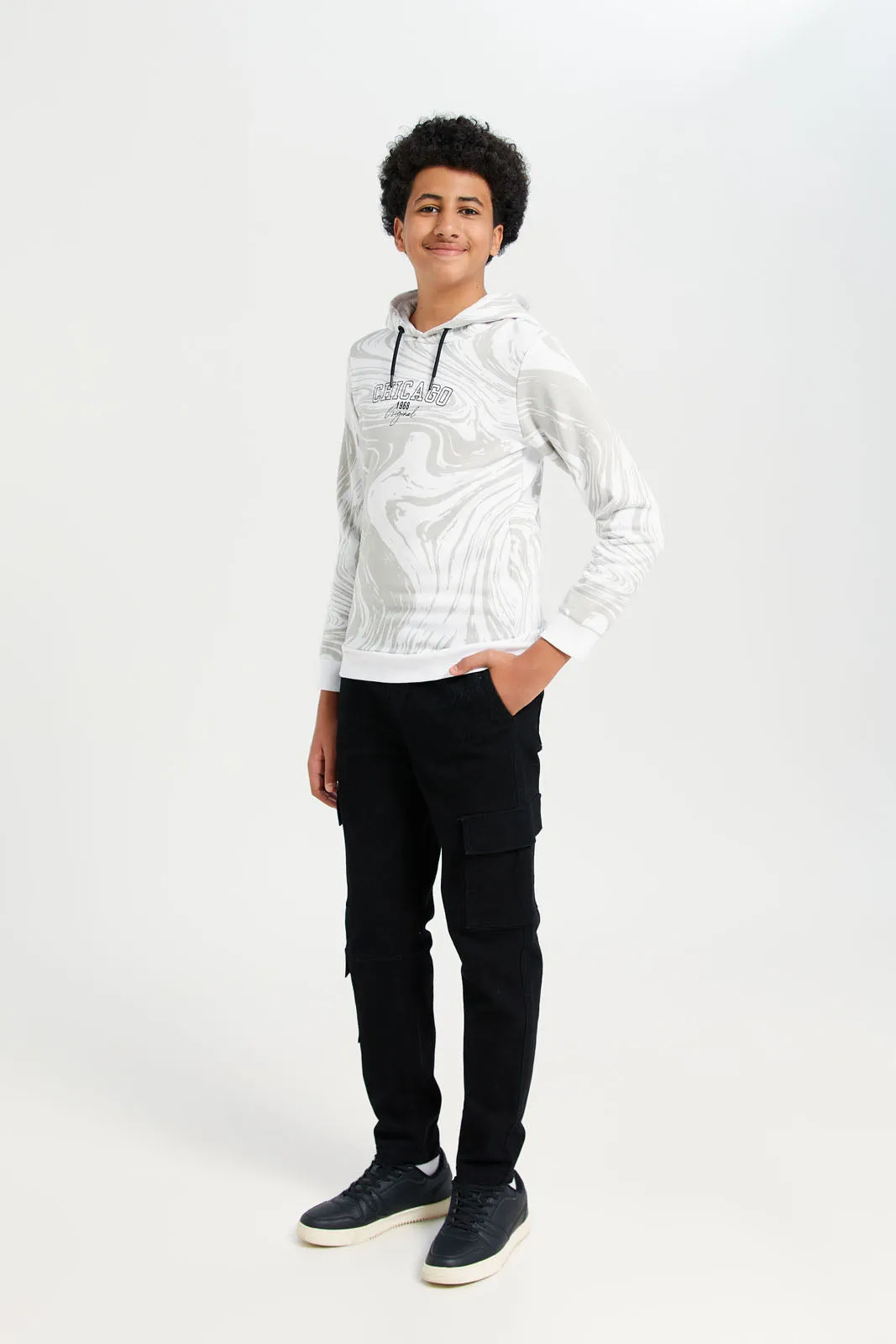 Senior Boys White Print Hooded Sweatshirt