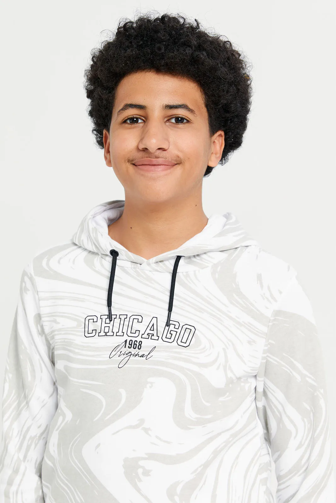 Senior Boys White Print Hooded Sweatshirt