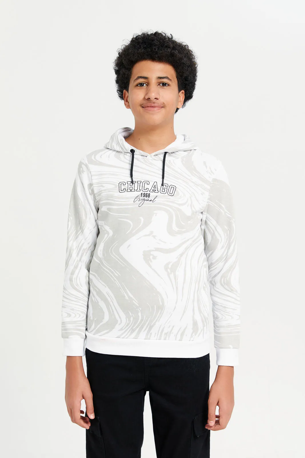 Senior Boys White Print Hooded Sweatshirt